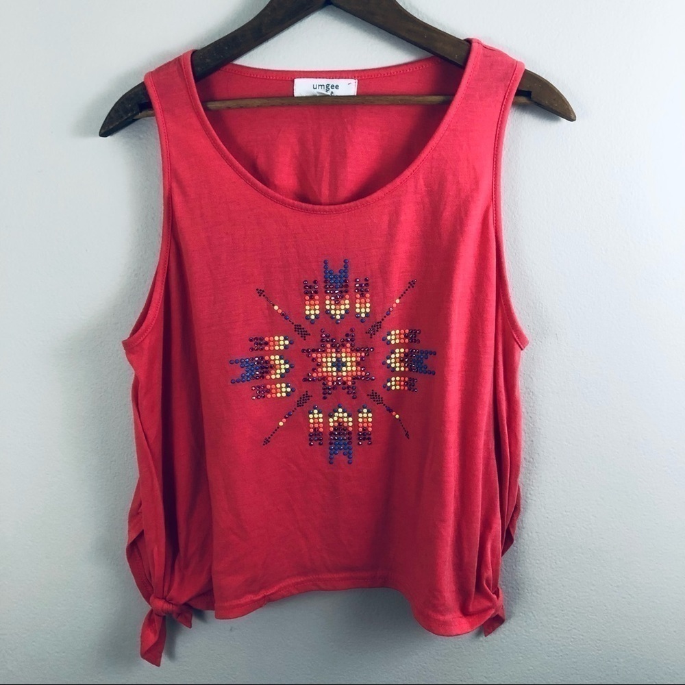 Umgee Coral Red Beaded Aztec Tank Top